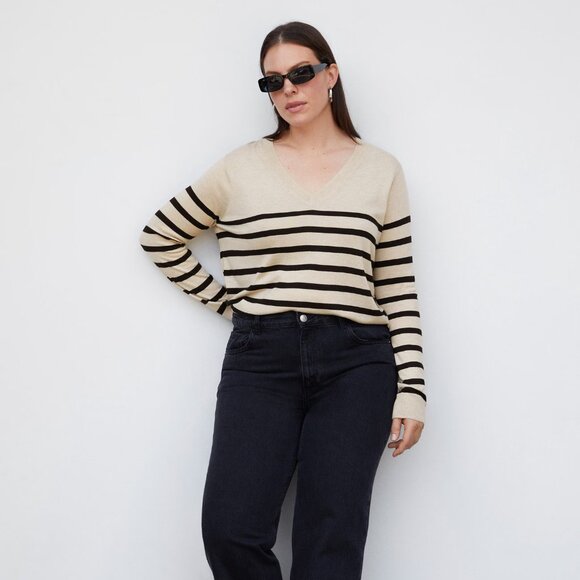 Mango Beige/Black Striped Fine-Knit Sweater/NWT/XXL - Picture 2 of 16